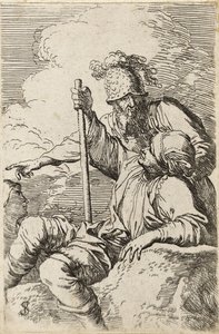Tres Guerreros, uno sentado en una roca en primer plano sosteniendo un bastón; el segundo de pie detrás de él señalando; el tercero visto como un rostro detrás de ellos, c.1656-57 de Salvator Rosa